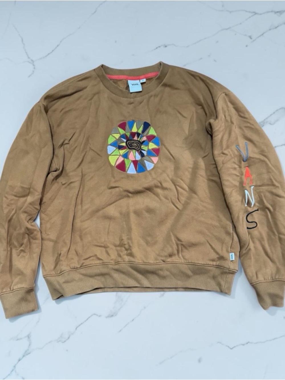 Vans Tan Crewneck Sweatshirt with Multicolor Embroidered Logo